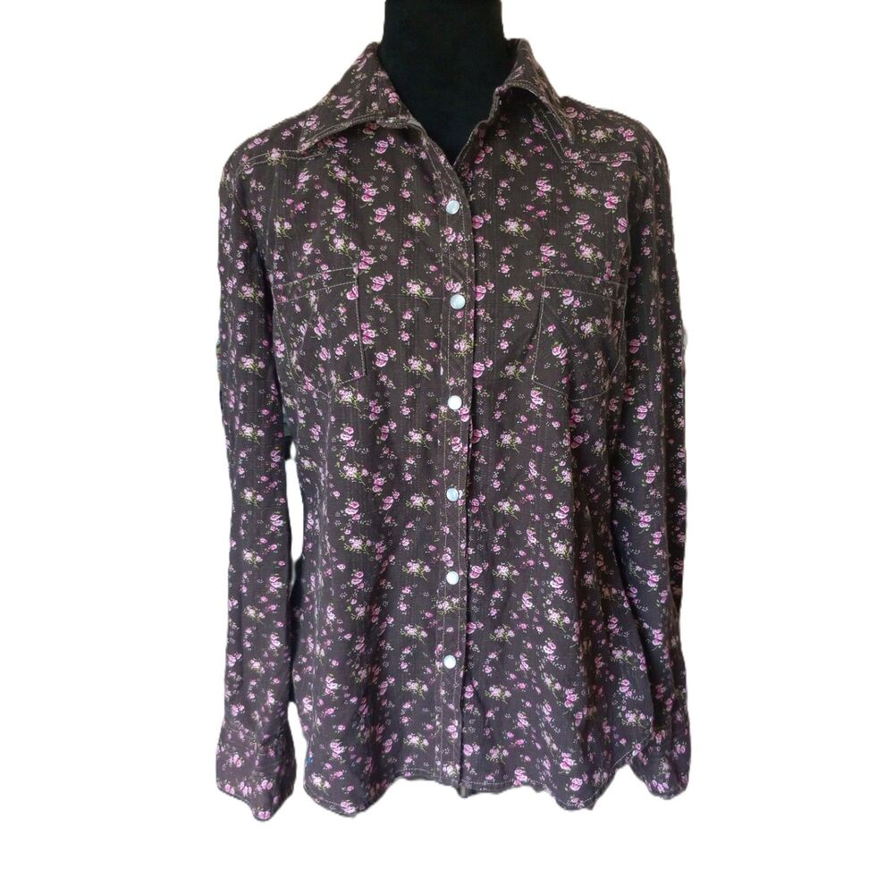 At Last Women's XL Brown/Pink Floral Long Sleeve  Cowgirl, Western Top, Vtg.